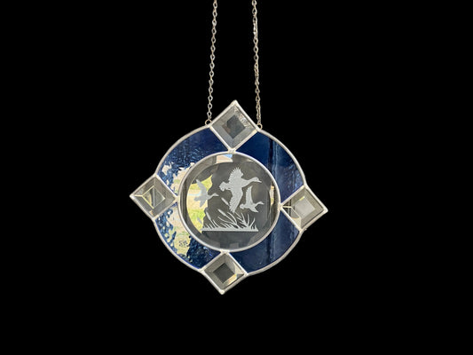 Ducks in flight absolutely beautiful 9.5 inch blue & clear leaded stained glass window/wall hanging on long chain