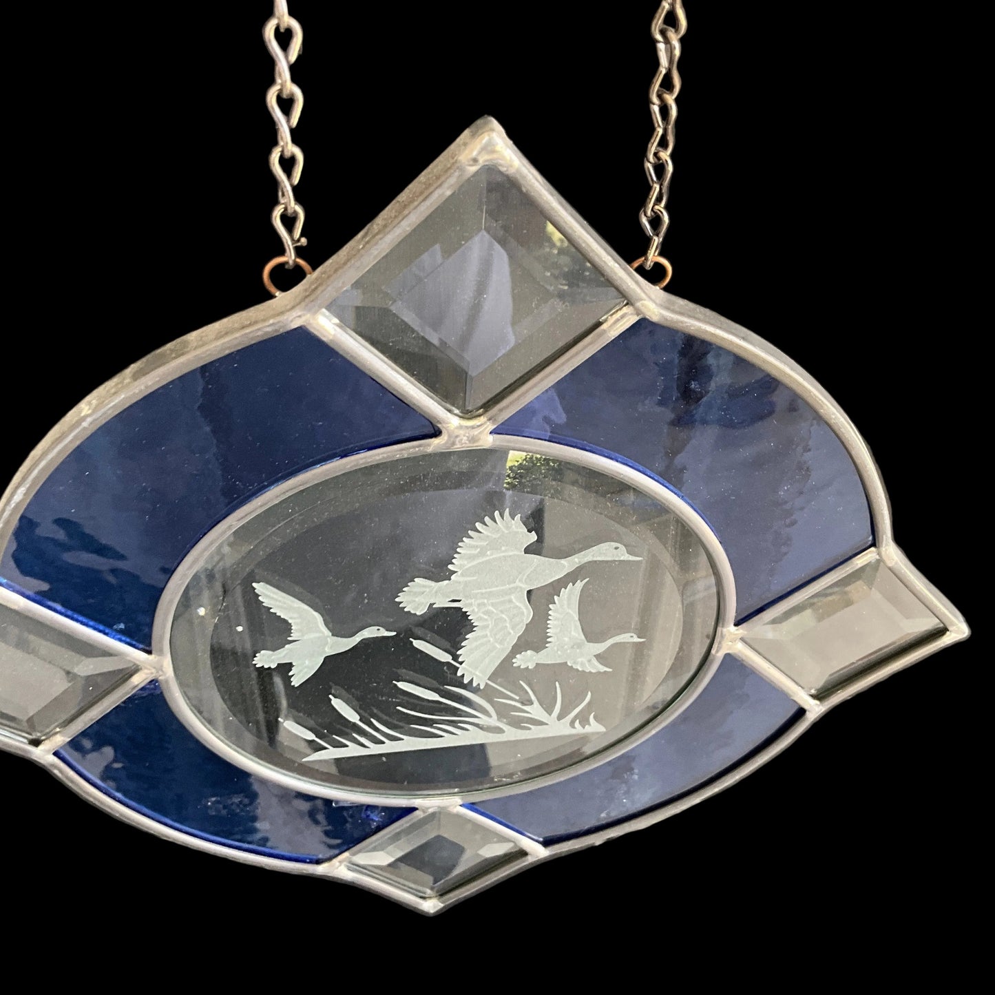 Ducks in flight absolutely beautiful 9.5 inch blue & clear leaded stained glass window/wall hanging on long chain