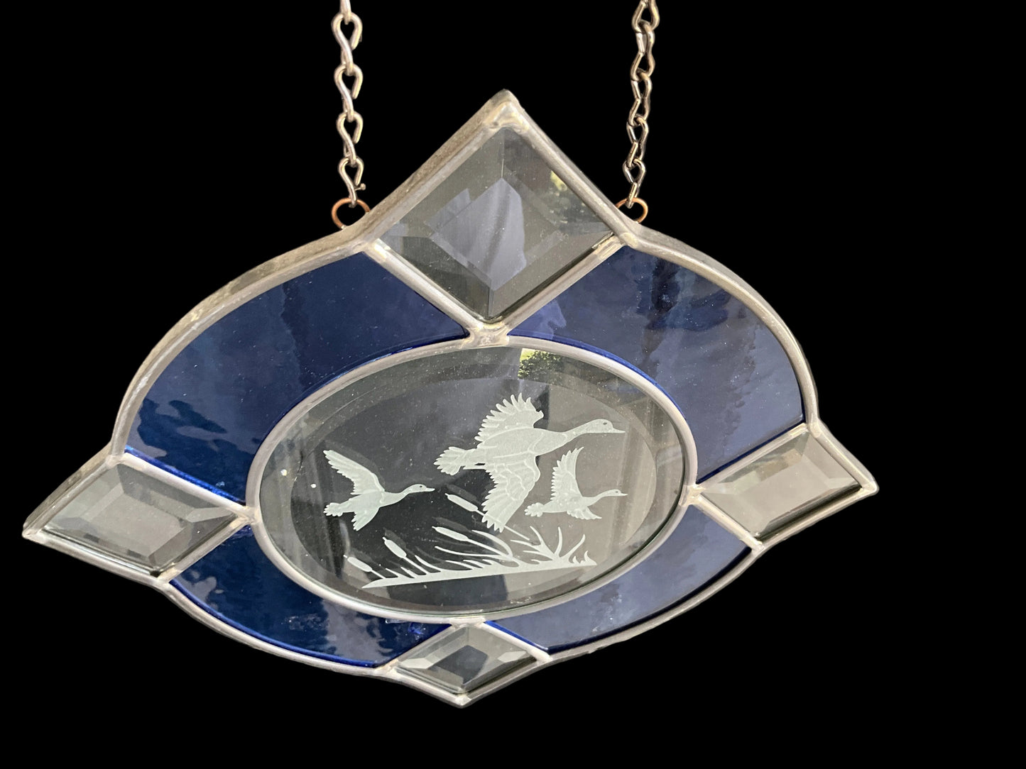 Ducks in flight absolutely beautiful 9.5 inch blue & clear leaded stained glass window/wall hanging on long chain