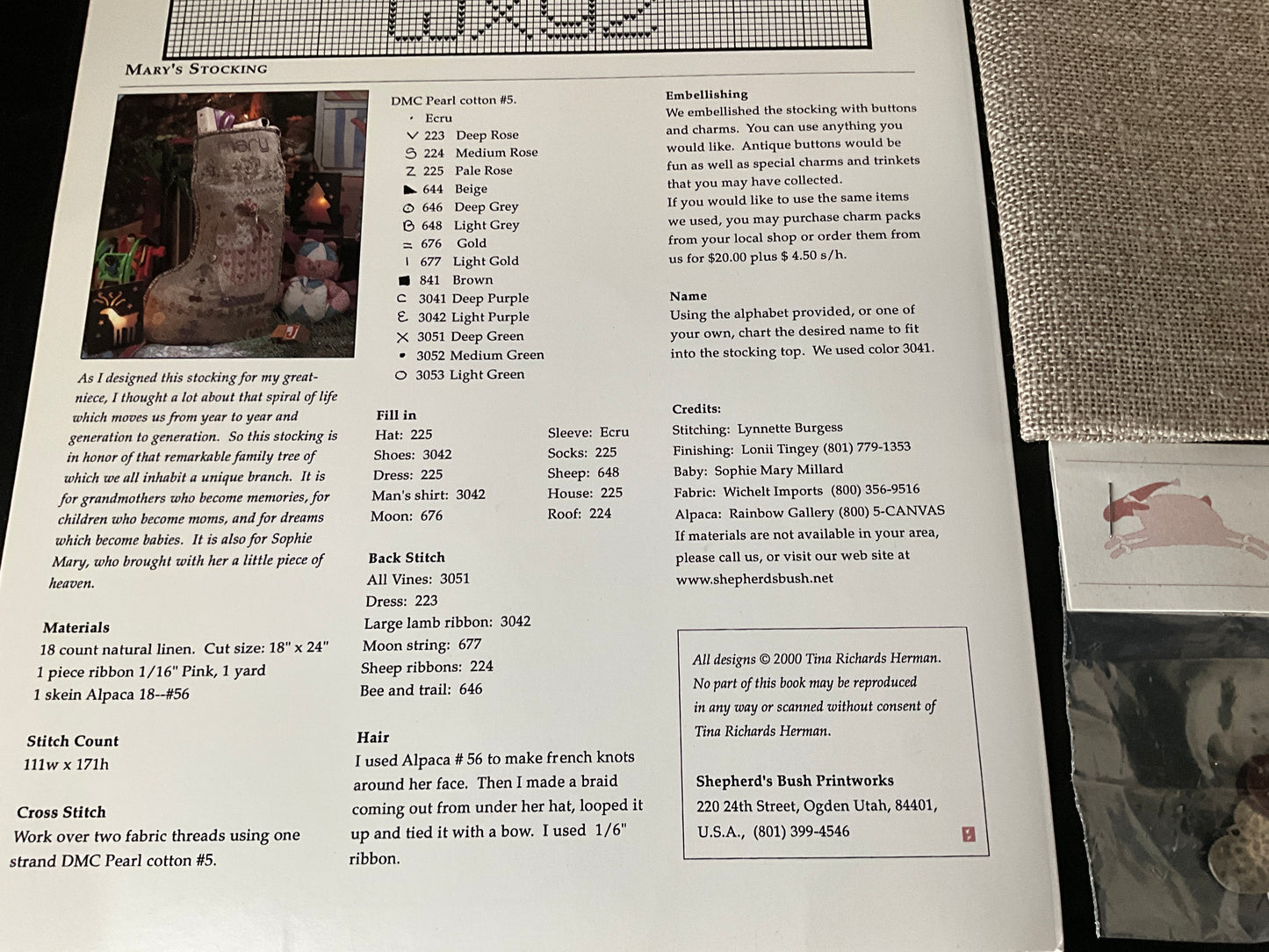 Shepherd’s Bush Mary’s Stocking cross stitch chart with natural linen fabric 18”x24” and embellishments pack included!