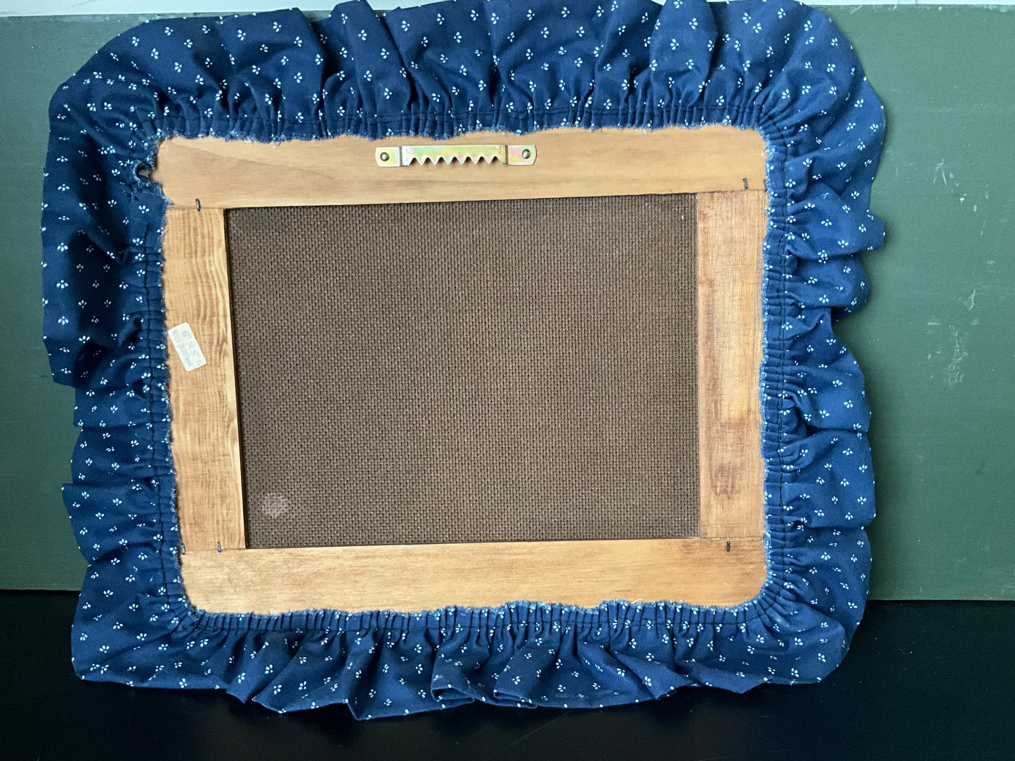 Charming country chalk board with wood frame trimmed in lace & blue ruffle 9 by 11 inch wall hanging