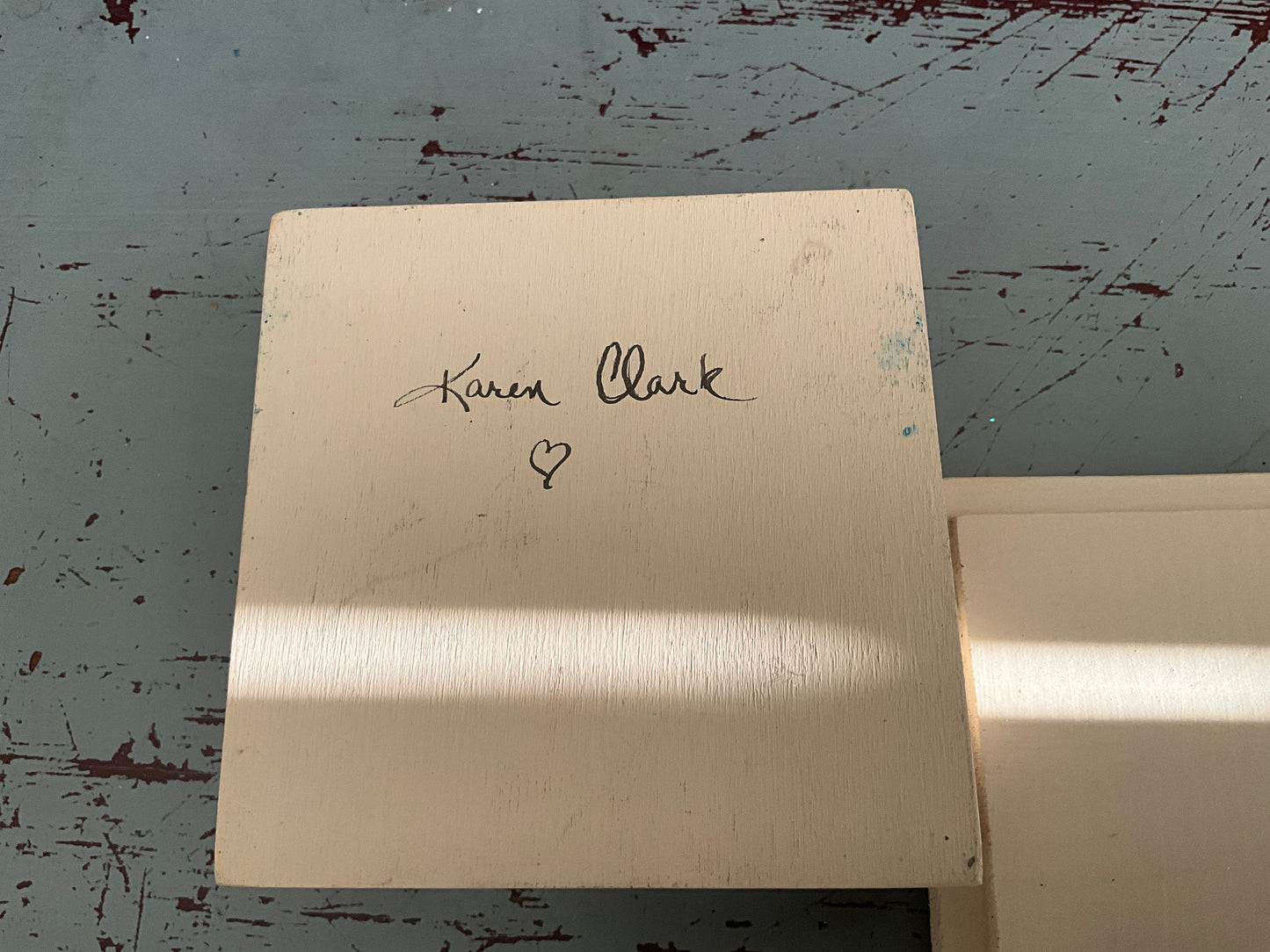 Lovely little wooden hand painted patchwork quilt on lid 3.25 inch square trinket box by Karen Clark!