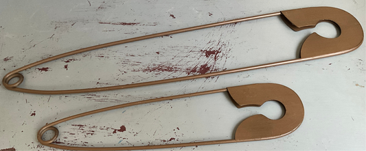 Sensational safety-pins pair of giant antique brown wall hangings that actually open and close