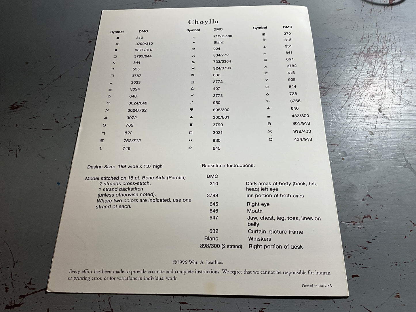 ‘Choylla” By Wm. A. Leathers 1996 counted cross stitch charts
