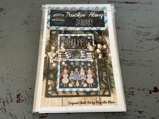Stitching with the Housewives Truckin’ Along January-May set of 5 cross stitch pattern