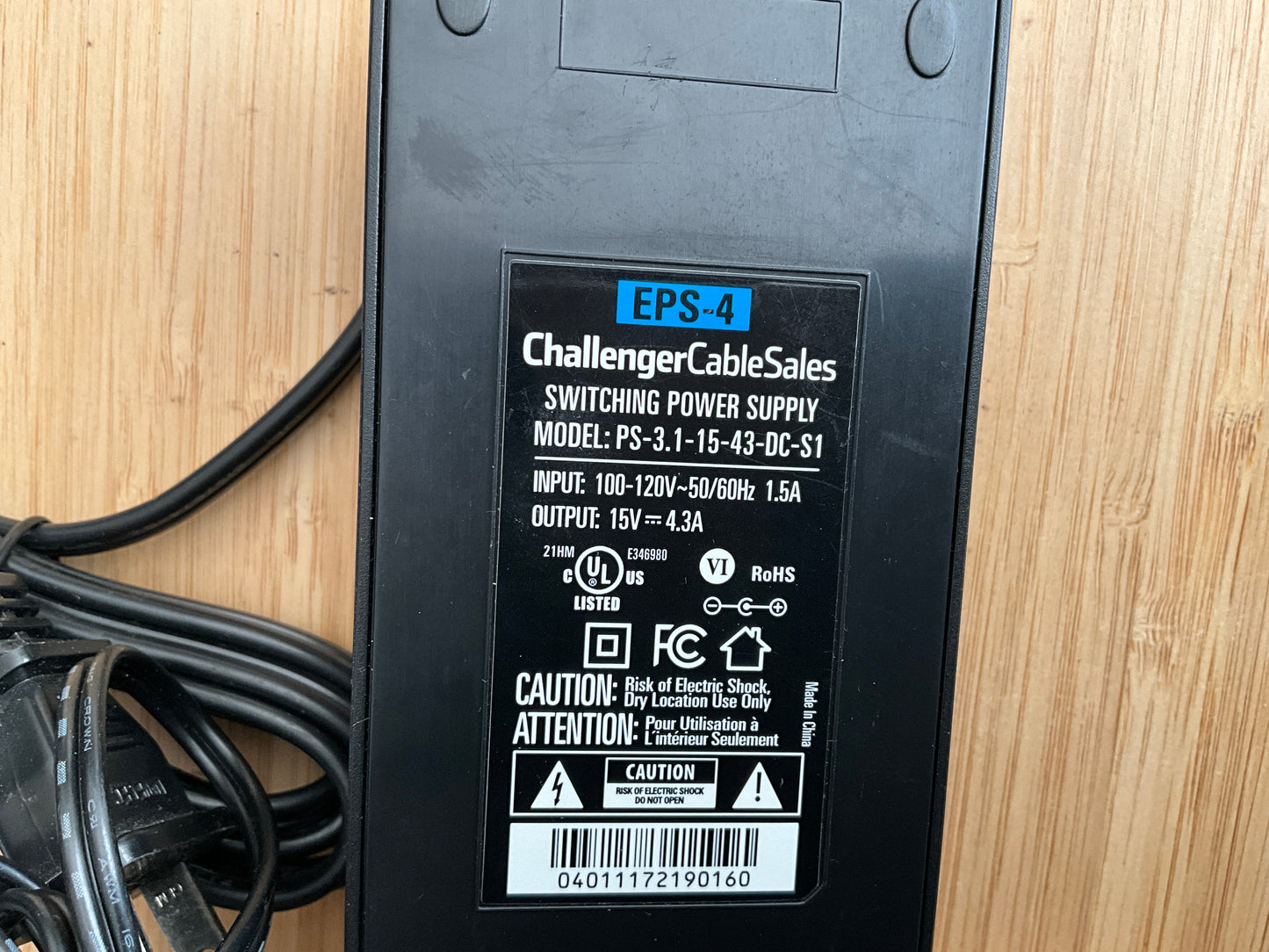 Challenger Cable model PS-3.1-15-43-DC-S1 switching power supply