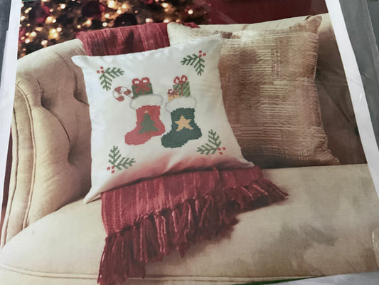 Herschners Whimsical Stocking pillow cover stamped cross stitch pillow form