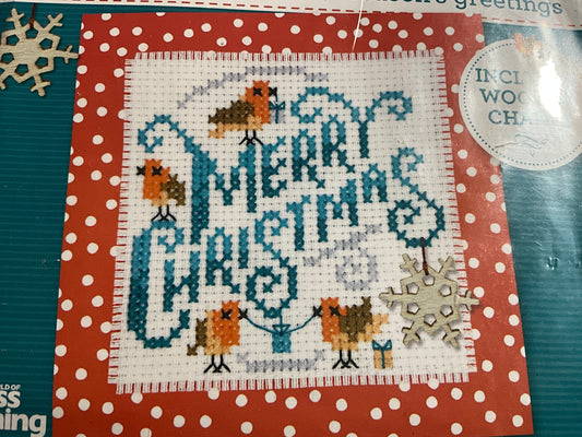 Cross Stitching Rockin’ Robbins card kit Stitch today for fast finish season’s greetings