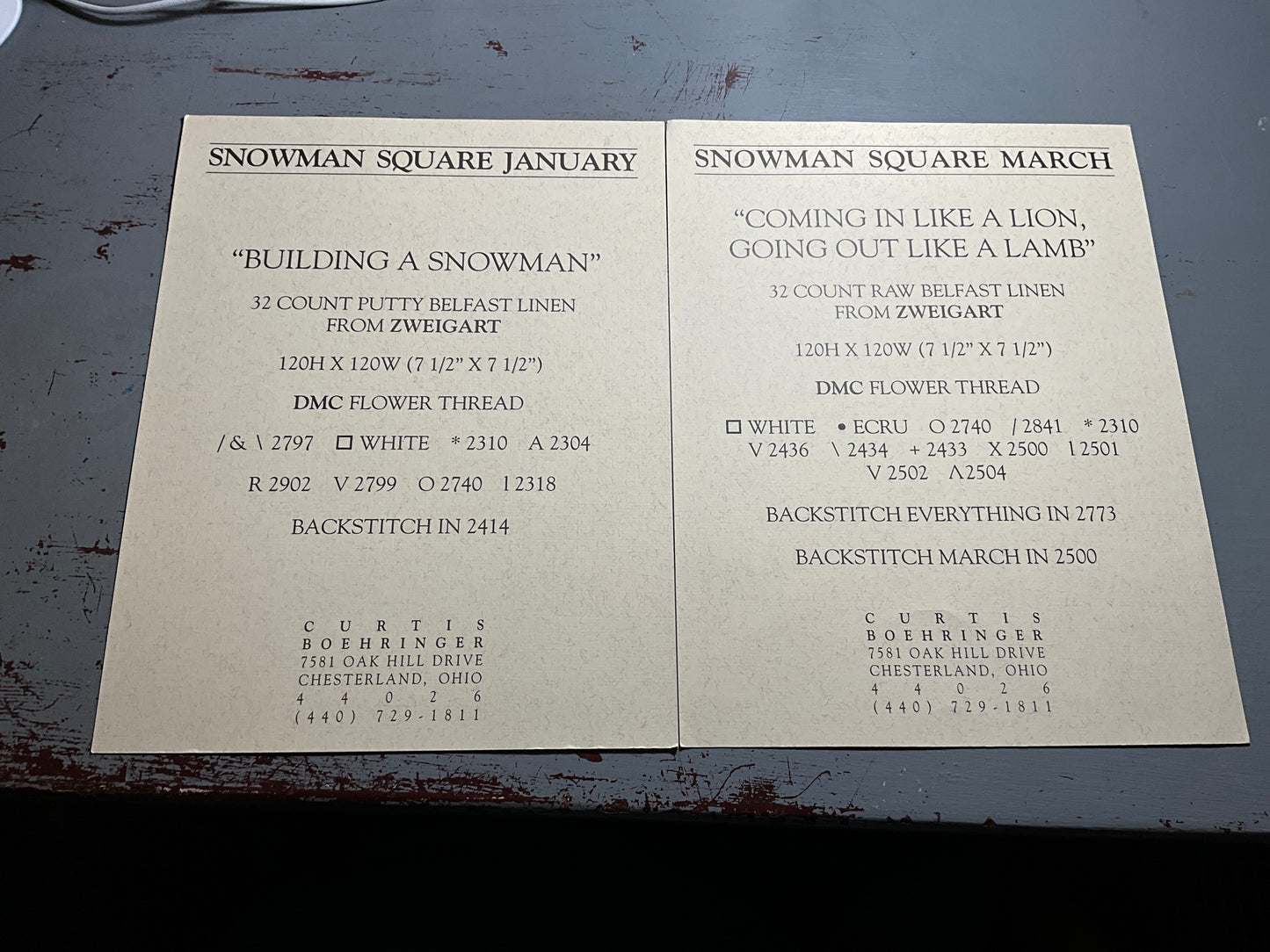 Curtis Boehringer Snowman Square January & March set of 2 counted cross stitch charts