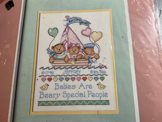 From The Heart Bears In BoatBirth Record 52-537 counted cross stitch kit