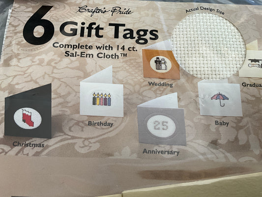 Crafter’s Pride 6 cross switchable gift tags on 14 count Salem cloth