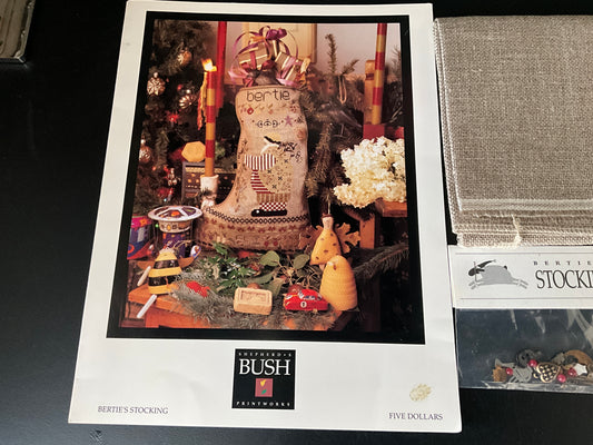 Shepherd’s Bush Bertie’s Stocking cross stitch chart with 18 count natural linen fabric and embellishments pack included!