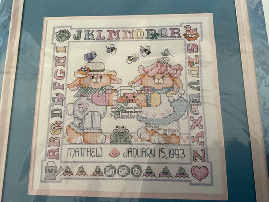 Bucilla Gardening Bunnies Birth Record 40757 12 by 12 inch stamped cross stitch kit