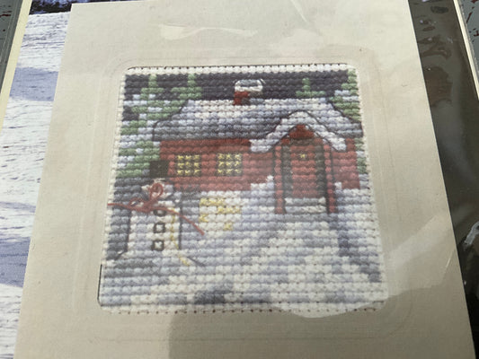 Permin of Copenhagen Home in the Winter Snow mini card cross stitch kit