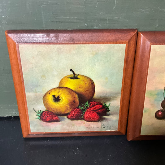 Fanciful Fruit set of 2 vintage wooden 4.5 inch square wall plaques