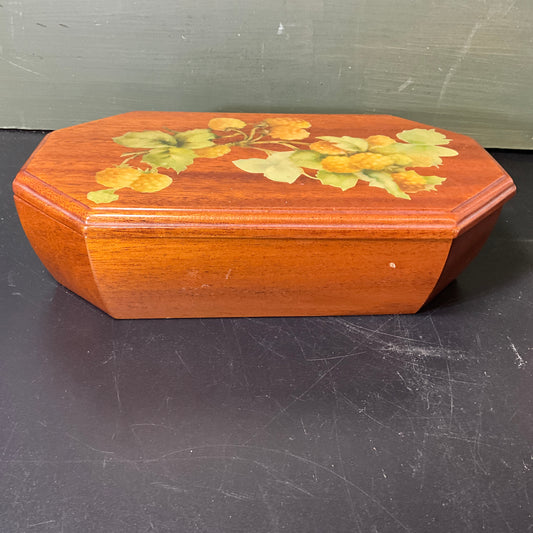 Wonderful wooden golden velveteen lined floral motif lidded vintage keepsake box 10 by 5 inch see pictures for shape