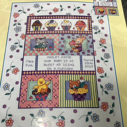 Janlynn Baby Sweet AS A Cupcake Birth Announcement 021-1456 vintage 2013 counted cross stitch kit*