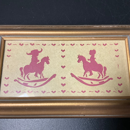 Sensational Scherenschnitte Little Boy and Little Girl on their Rocking Horses vintage 1990 collectible wall hanging