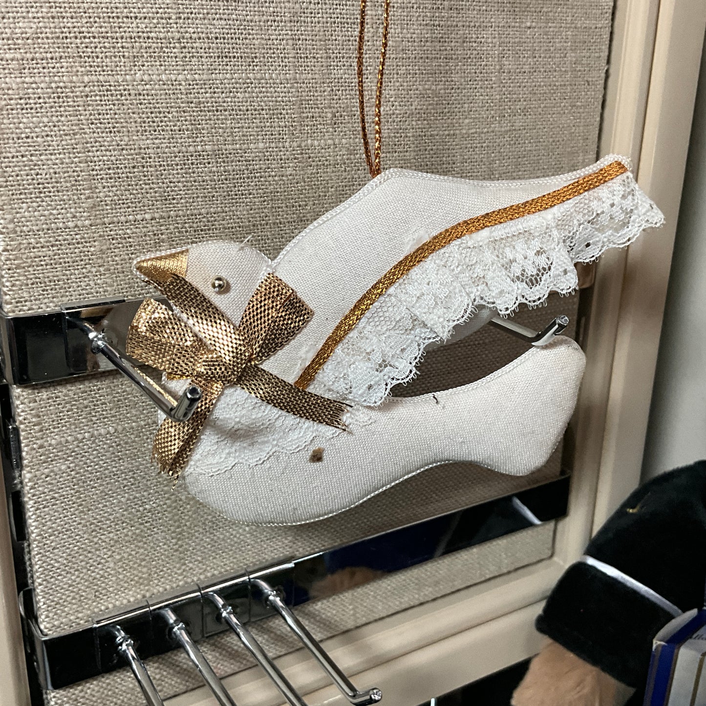 Fancy fabric & lace Dove Of Peace with golden bow holiday ornament