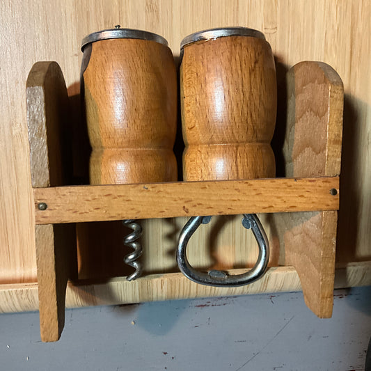 New York City souvenir wooden salt & pepper shaker bottle opener and corkscrew vintage kitchen collectible