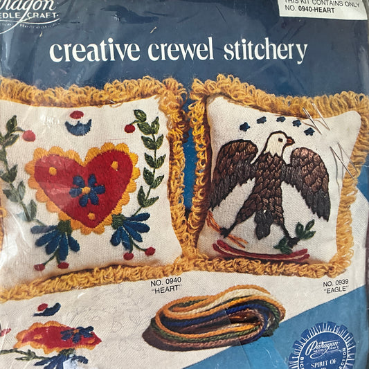 Paragon Needlecraft Heart Pin Cushion 0940 vintage 1974 creative crewel stitchery 5 by 5 inches