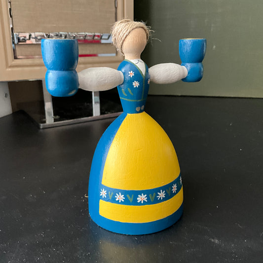 Sverige Swedish maiden wooden doll candle holder vintage souvenir collectible