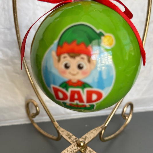 Dad Elf Green Plastic Ball Ornament with Red Ribbon Hanger Vintage Christmas Tree Ornament