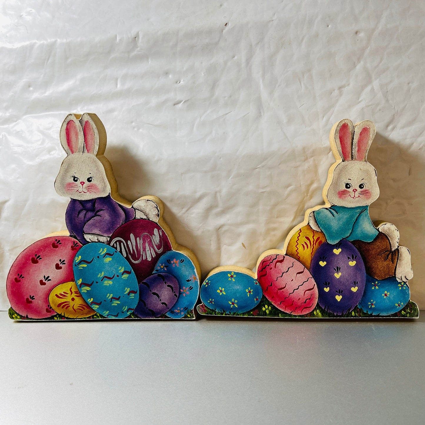 Bunnies with Colorfully Decorated Eggs, Set of 2 Wooden Cutout, 3.5 Inch Tall, Figurines, Vintage Collectibles