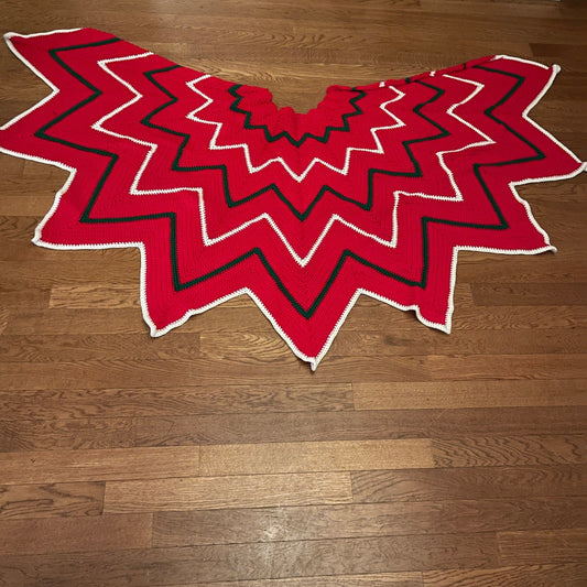 Absolutely Beautiful Hand Knitted Christmas Tree Skirt Red with White and Green Accents 84 By 42 Inches!