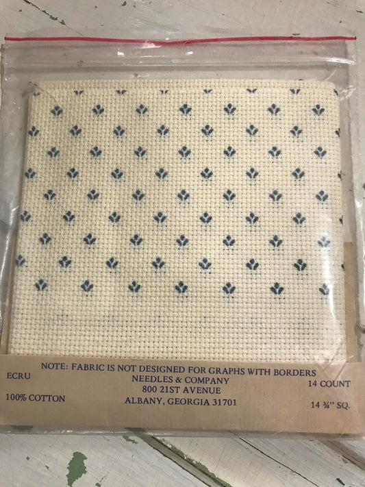 Yorktown Prints 14 count blue and ecru design Vintage counted cross stitch fabric 14.75 inch square
