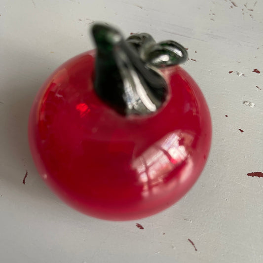 Appetizing Apple, Art Glass, Red Apple with Brown Stem and Green Leaf, Figurine, Vintage, Decorative Collectible