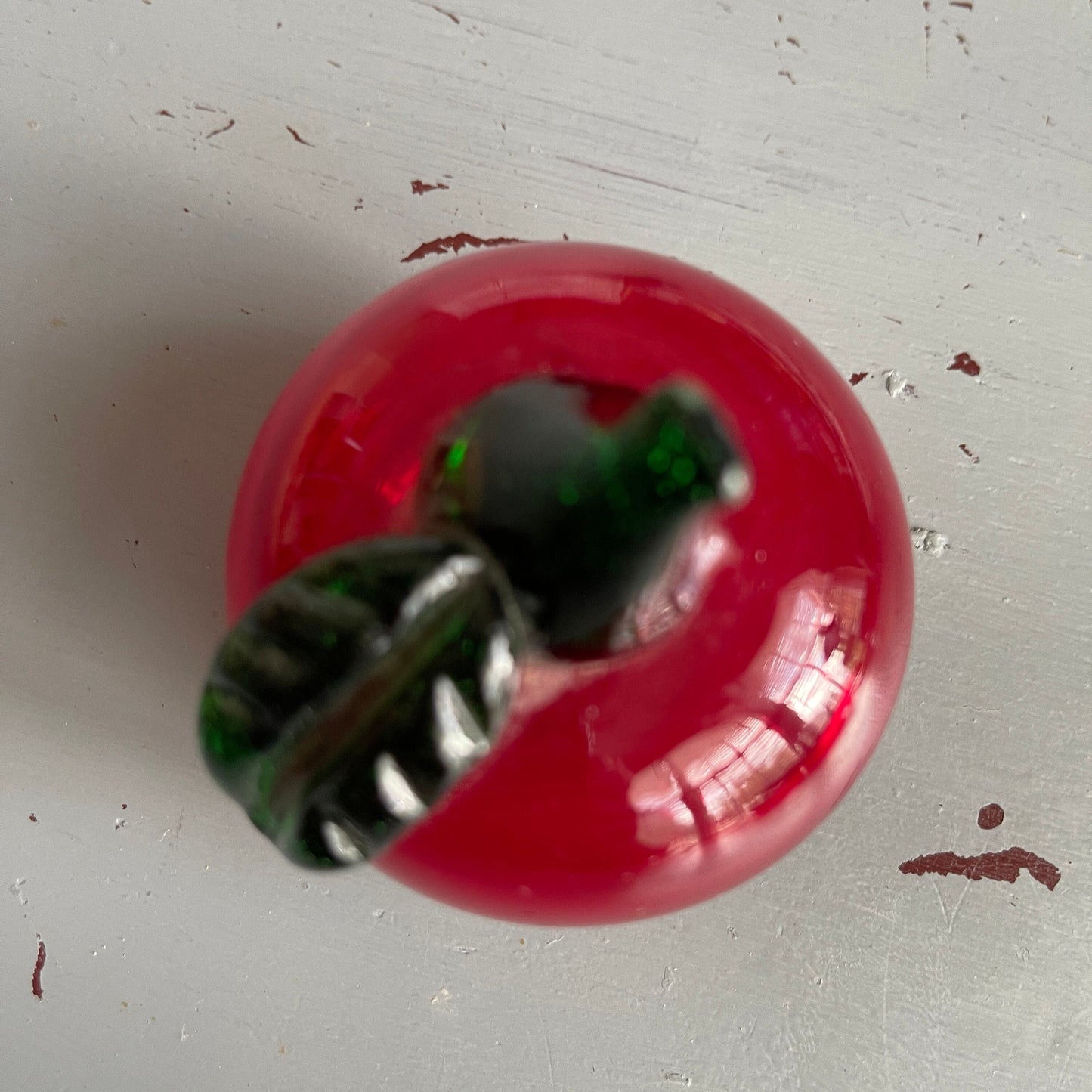 Appetizing Apple, Art Glass, Red Apple with Brown Stem and Green Leaf, Figurine, Vintage, Decorative Collectible