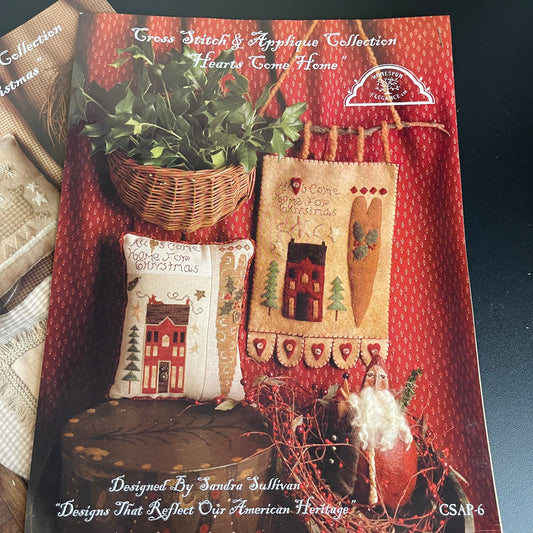 Homespun Elegance Set of 2 Cross Stitch Applique' Collection Shabby Chic Christmas and Hearts Come Home Vintage 2005 Charts