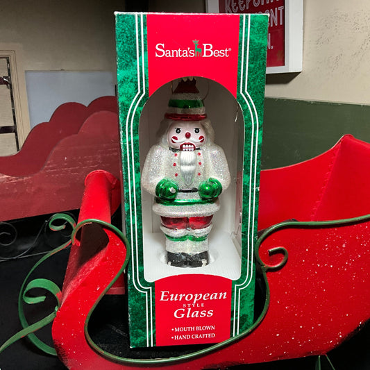 Santa's Best set of 2 European Style Glass Nutcracker soldier & puppy in Christmas stocking mouth blown handcrafted ornaments