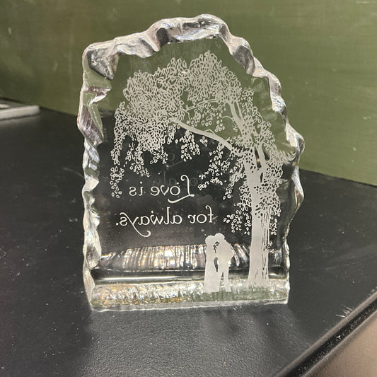 Love Is For Always crystal clear etched glass collectible sentimental paperweight