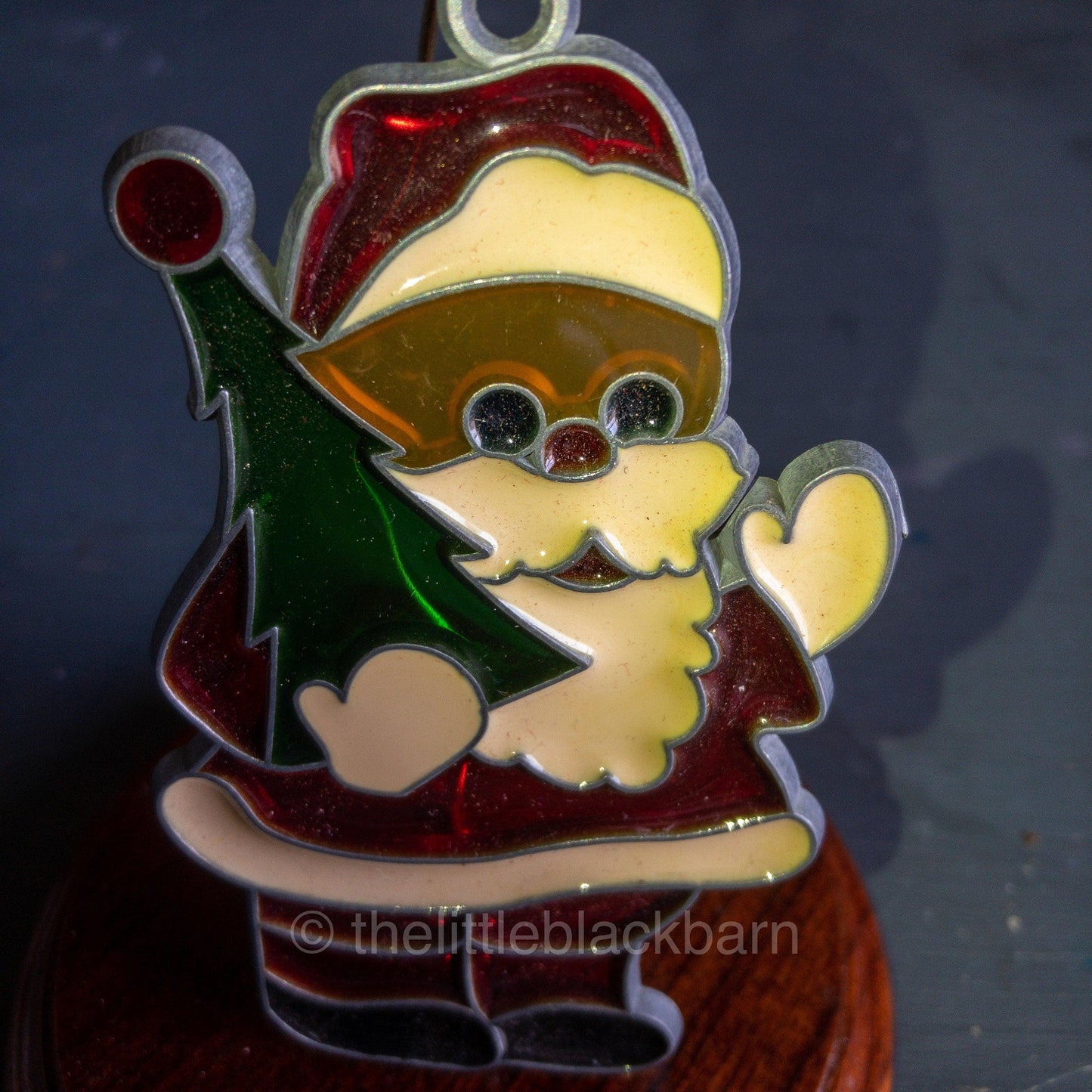Stained Glass Santa Claus Holding Christmas Tree Vintage Ornament