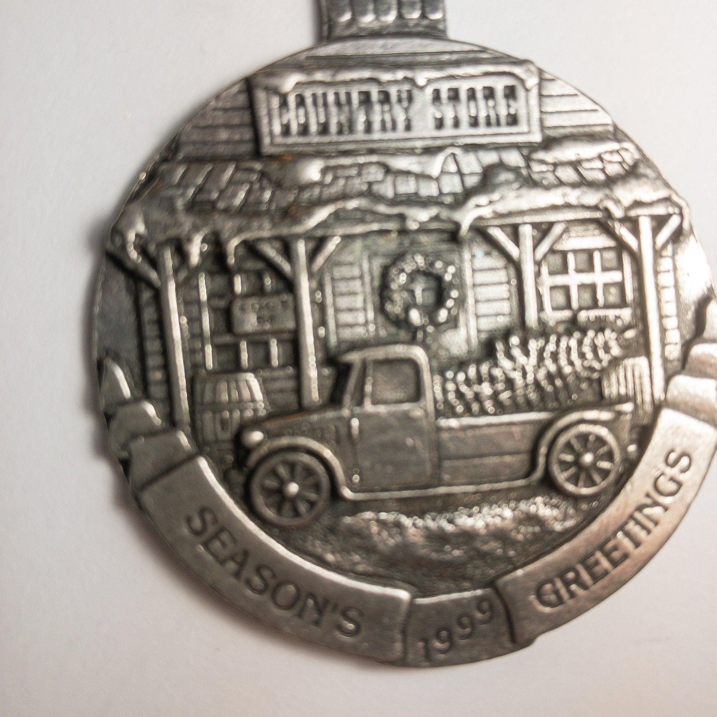 Pewter, Seasons Greetings, Country Store, Pickup & Christmas Tree, Vintage 1990, Ornament