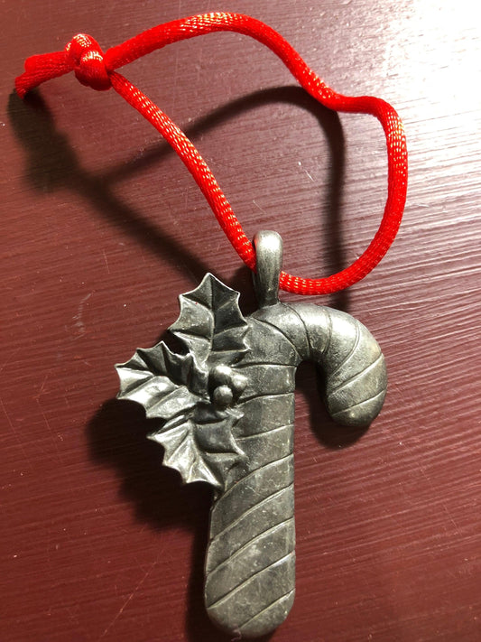 Pewter Candy Cane with Holly Ornament