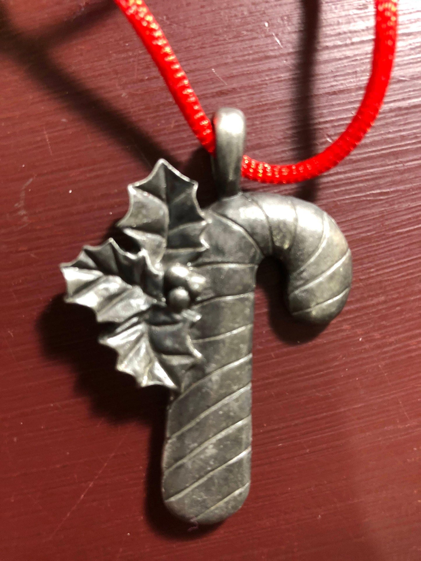 Pewter Candy Cane with Holly Ornament