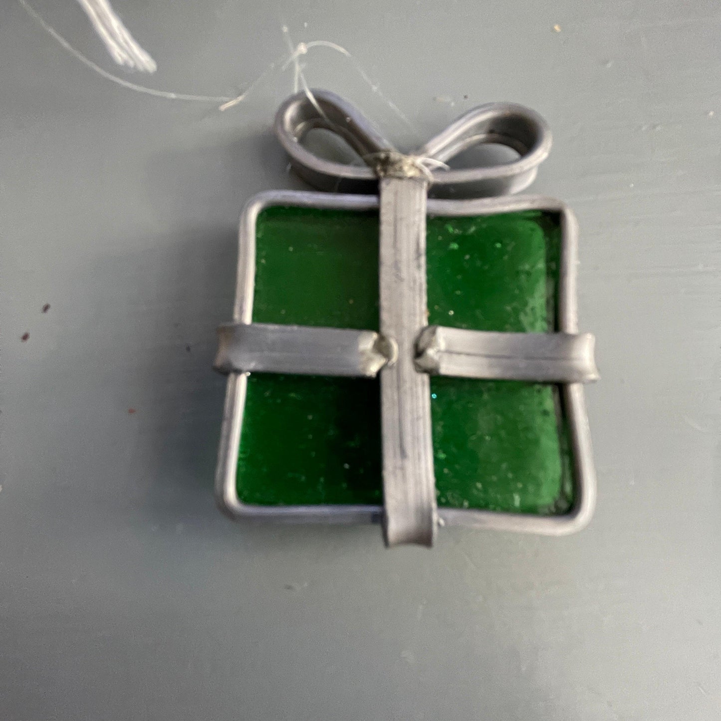 Stained Glass, Gift Package in Green, with Leaded Ribbon and Bow Vintage Collectible Ornament Ribbon and Bow Vintage Collectible Ornament