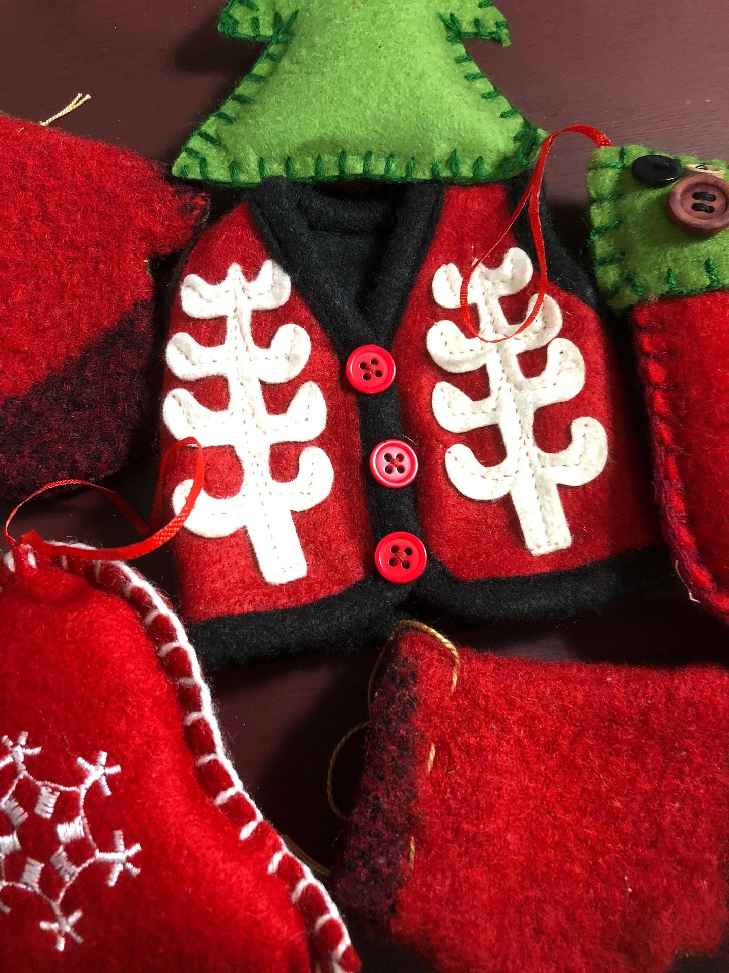 Set of Mittens, Bell, Tree, Stocking, and Vest, Vintage, Set of 6* Felt-Wool Handmade Ornaments