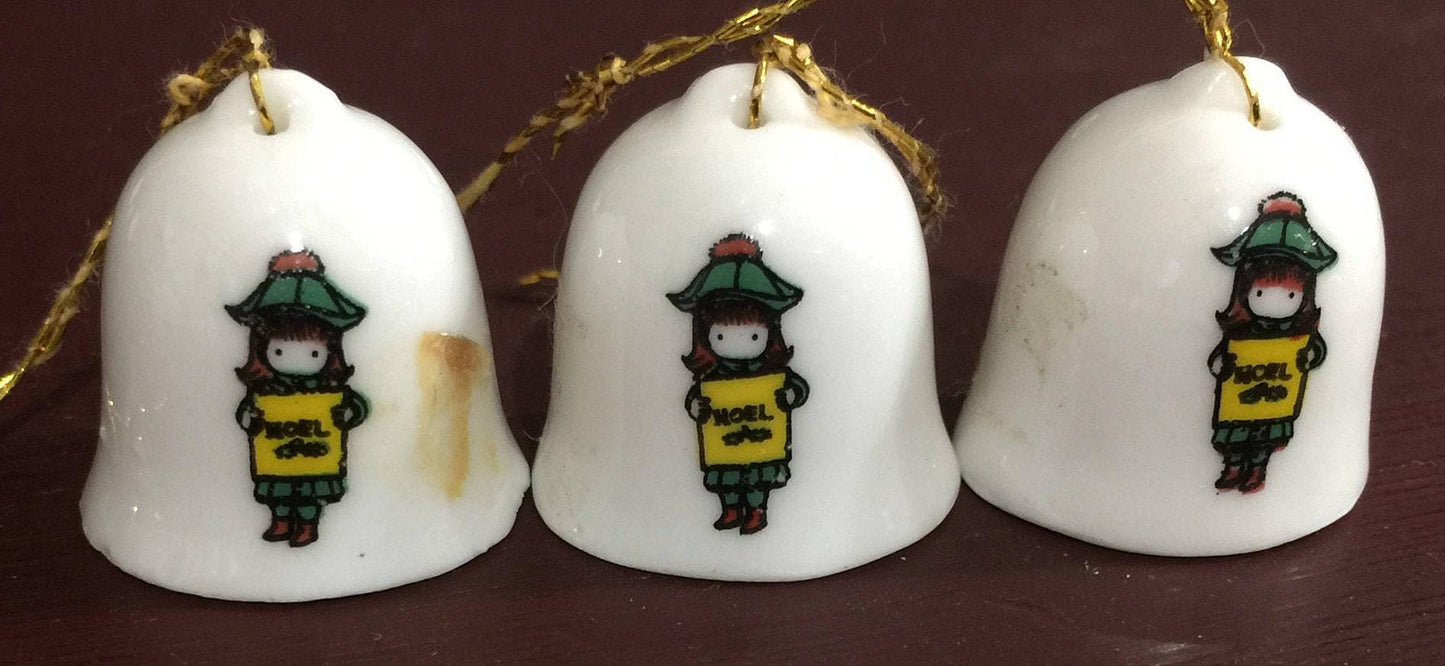 Wolfpit Enterprises, set of eight (8), Little Drummer Boy, Vintage 1968 and Caroling girl Vintage 1973, Bell Ornaments*