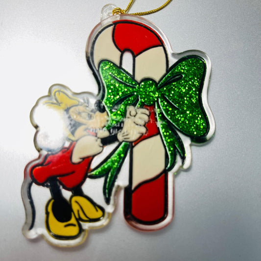 Disney's, Minnie Mouse, Tying an Bow On A Candy Cane, Acrylic Ornament