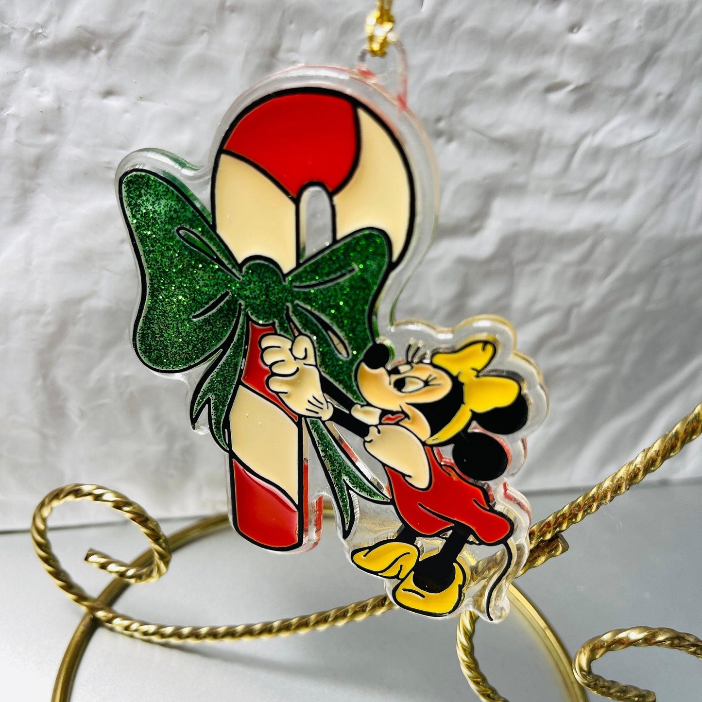 Disney's, Minnie Mouse, Tying an Bow On A Candy Cane, Acrylic Ornament