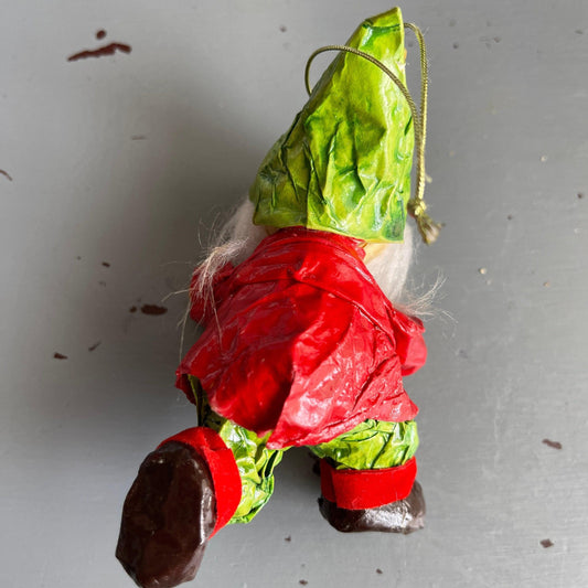 Elf running with the football paper mache' art-craft vintage Christmas ornament