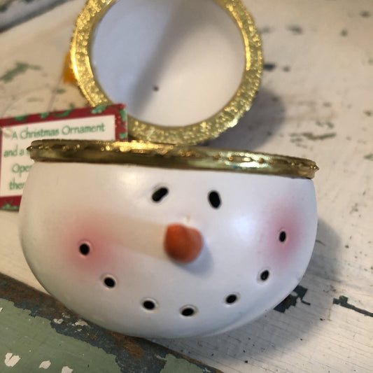 Snowman Head, Gift/Ring Box, Gold Tone Trim, Porcelain Ornament