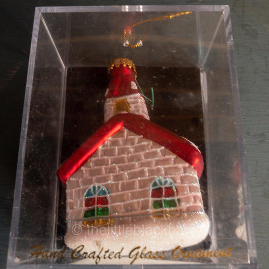 Pretty Little White Block Church with Red Steeple and Stained Glass Windows*