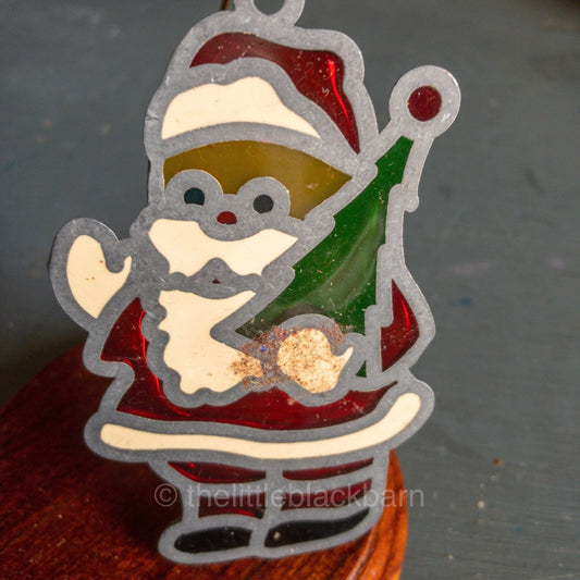 Stained Glass Santa Claus Holding Christmas Tree Vintage Ornament
