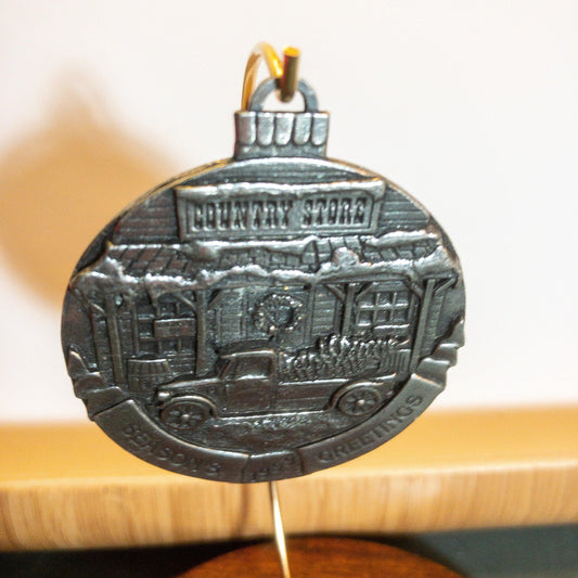 Pewter, Seasons Greetings, Country Store, Pickup & Christmas Tree, Vintage 1990, Ornament