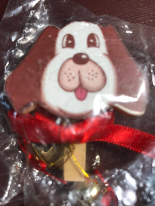 Wooden Puppy, with, bow and bells on, on Clothespin, SCCO, Vintage Ornament